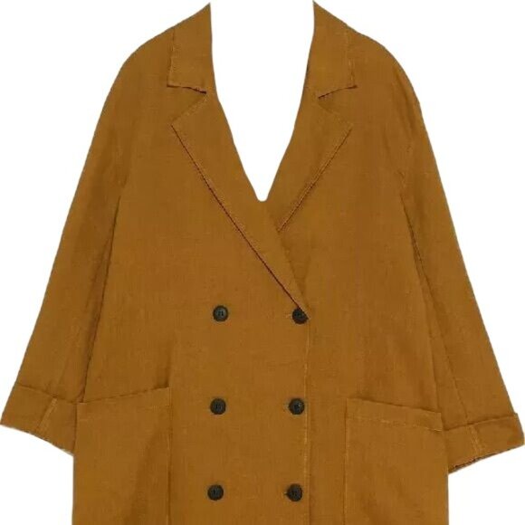 ZARA Womens Medium Double-Breasted Linen Coat Gold Brown - Picture 9 of 15